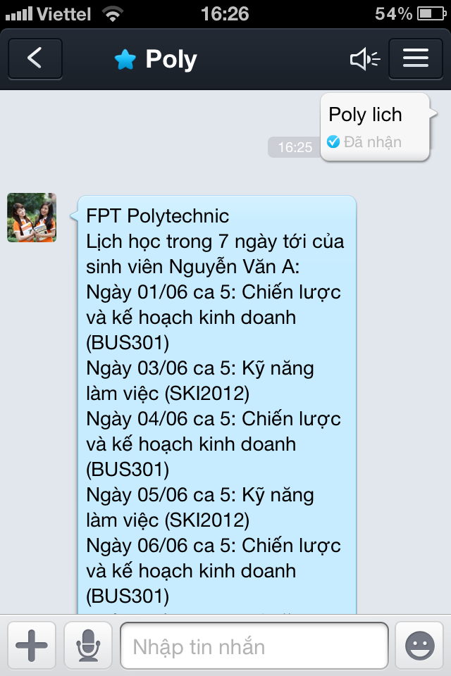 FPT Polytechnic gửi tin nhắn thông báo Lịch học tập qua Zalo