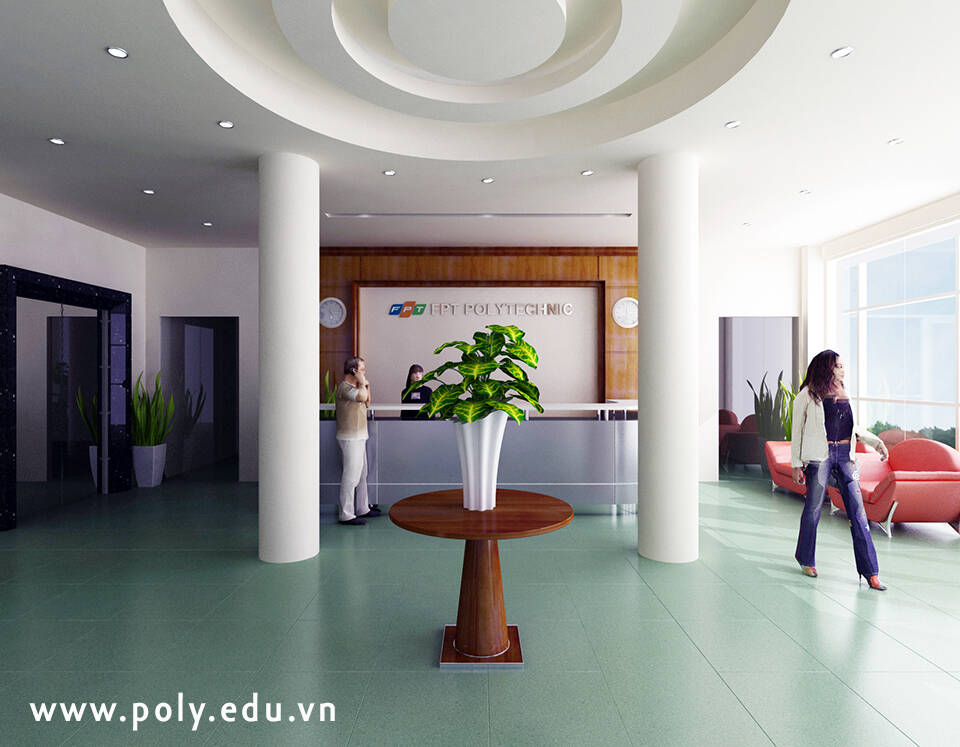 Quầy lễ tân của cơ sở 2 Cao đẳng thực hành FPT Polytechnic Hồ Chí Minh được bố trí là nơi thực hành nghiệp vụ chuyên ngành cho sinh viên.