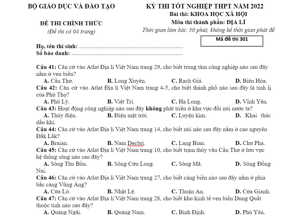 Đề thi môn Địa lí tốt nghiệp THPT 2022