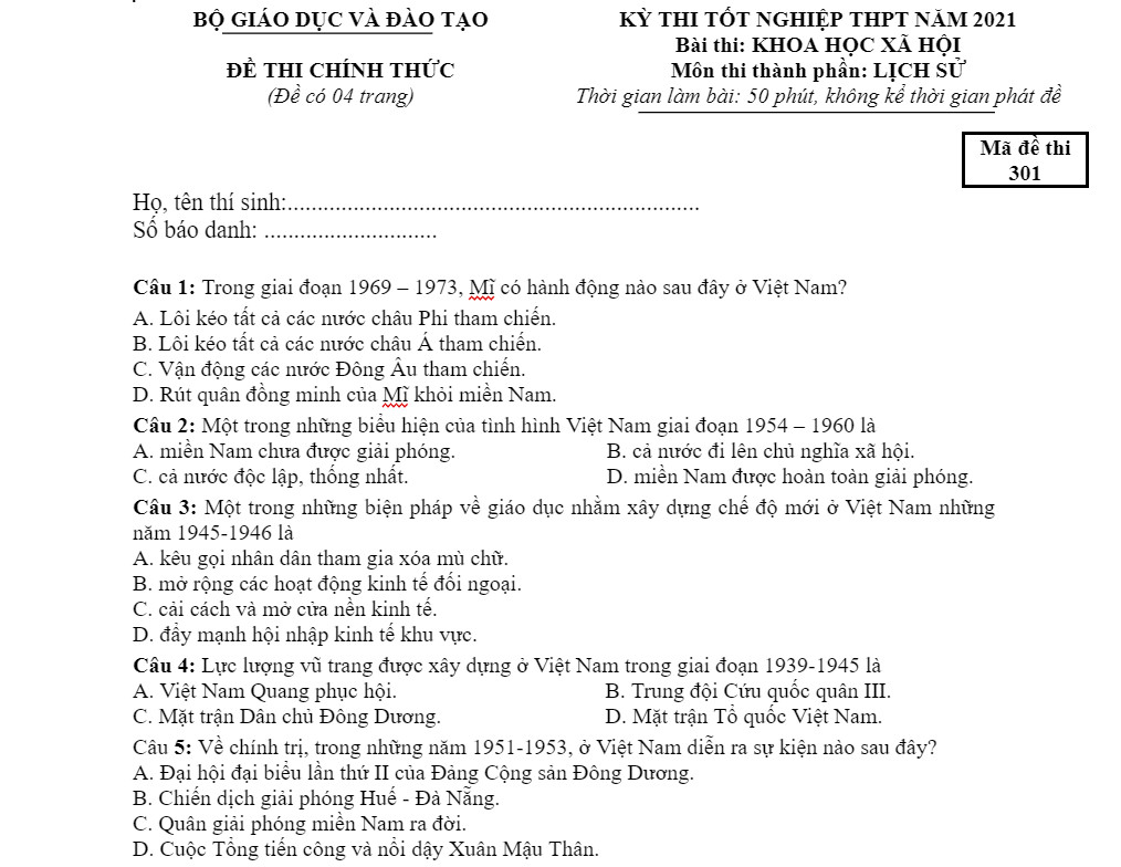 Đề thi môn Lịch sử tốt nghiệp THPT 2021