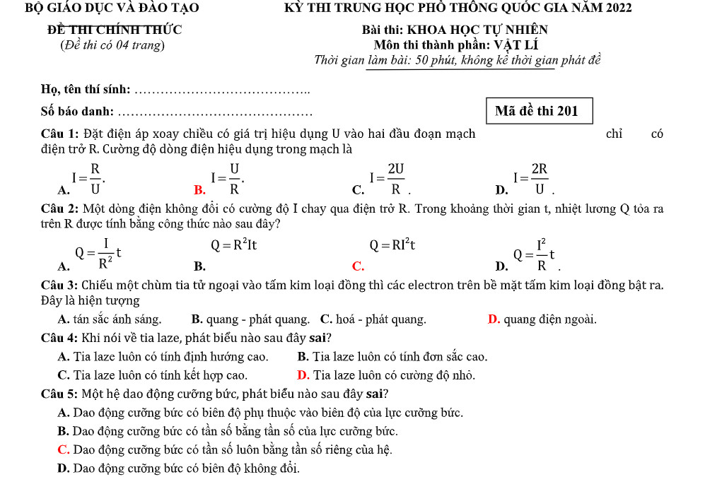 Đề thi môn Vật lí tốt nghiệp THPT 2022