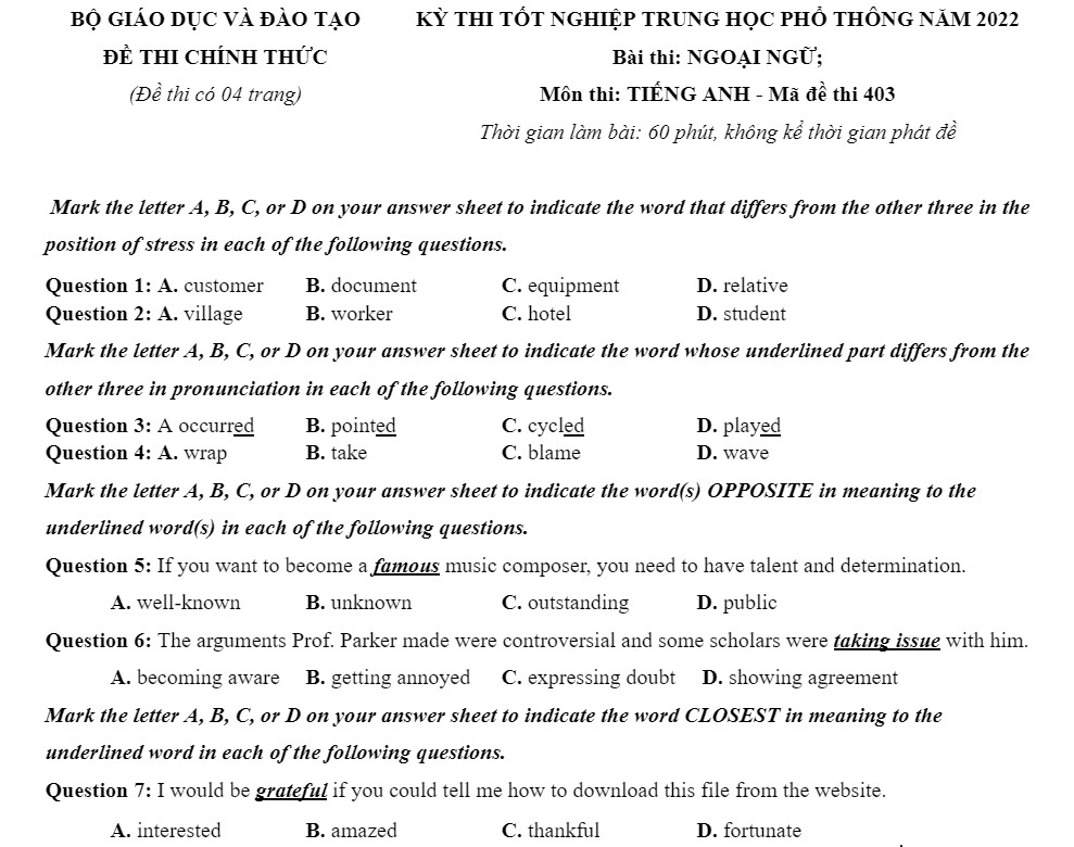 Đề thi Ngoại ngữ tốt nghiệp THPT 2022