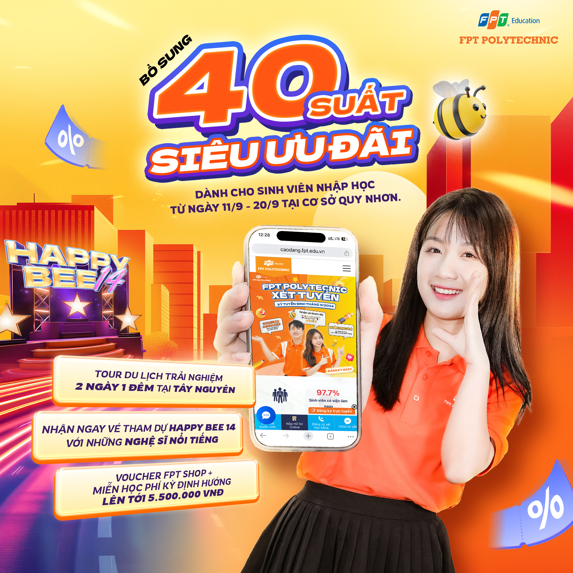 Bổ sung 40 suất SIÊU ƯU ĐÃI dành cho sinh viên nhập học từ ngày 11/9 - 20/9 tại cơ sở Quy Nhơn