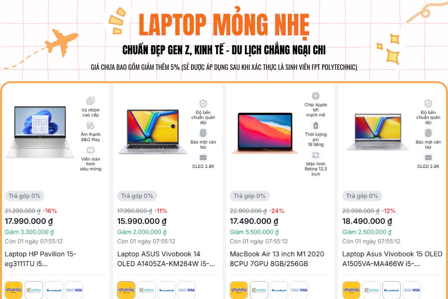 Laptop mỏng nhẹ, gọn gàng