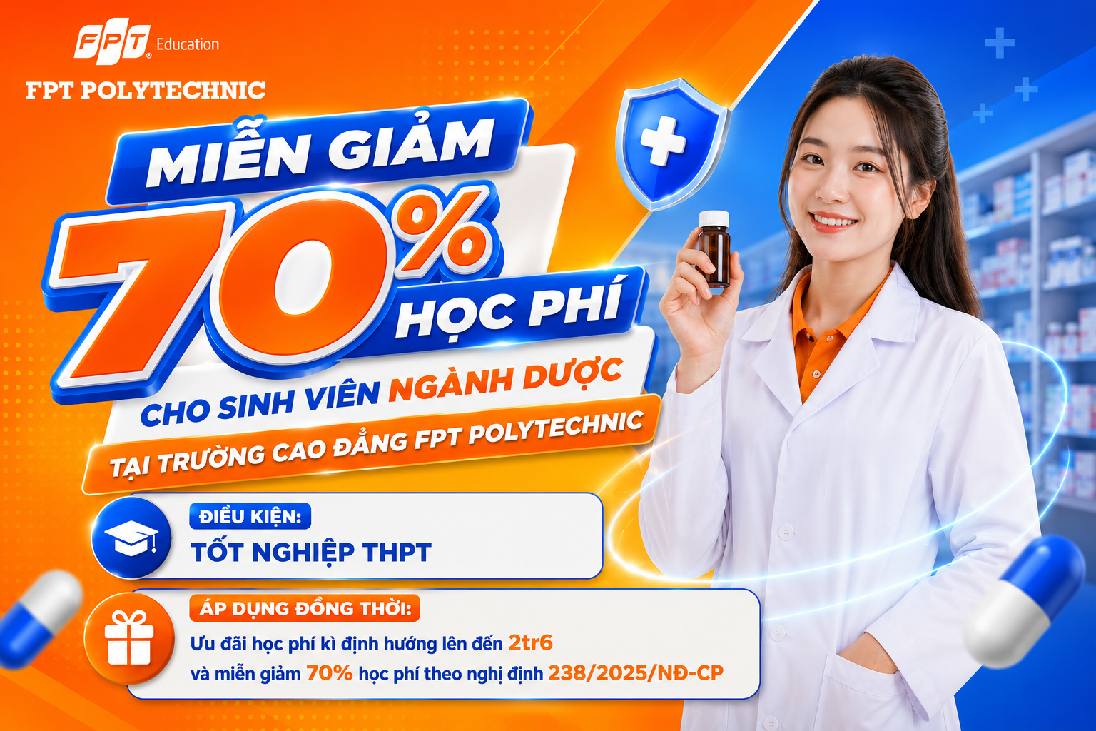 Miễn giảm 70% học phí cho sinh viên ngành Dược tại Trường Cao đẳng FPT Polytechnic