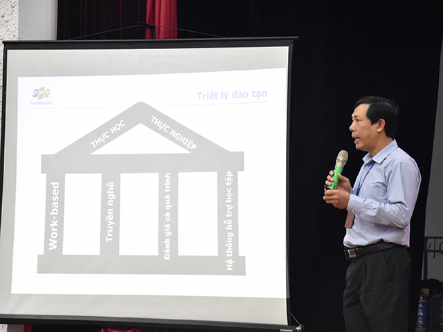 Thầy Tôn Thất Nhật Khánh - Phó Giám đốc Cao đẳng FPT Polytechnic Hồ Chí Minh giới thiệu với các bạn tân sinh viên về hoạt động đào tạo tại trường.